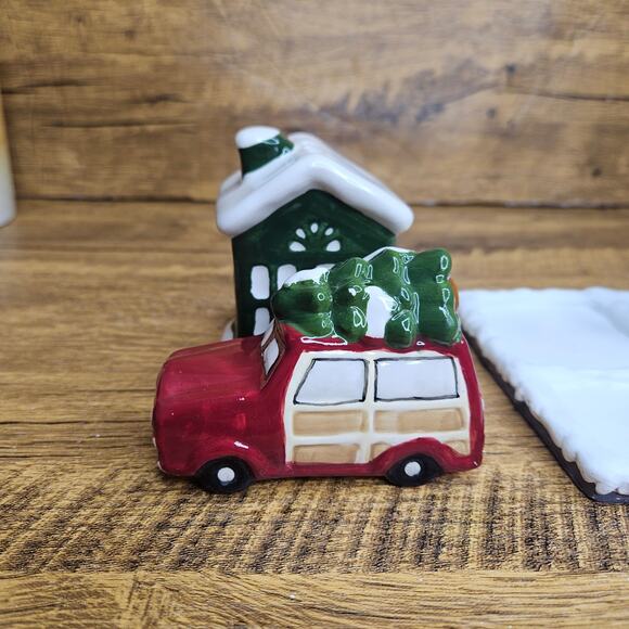 Christmas Holiday Salt Pepper Shaker set with base House Truck and Tree - Picture 2 of 11